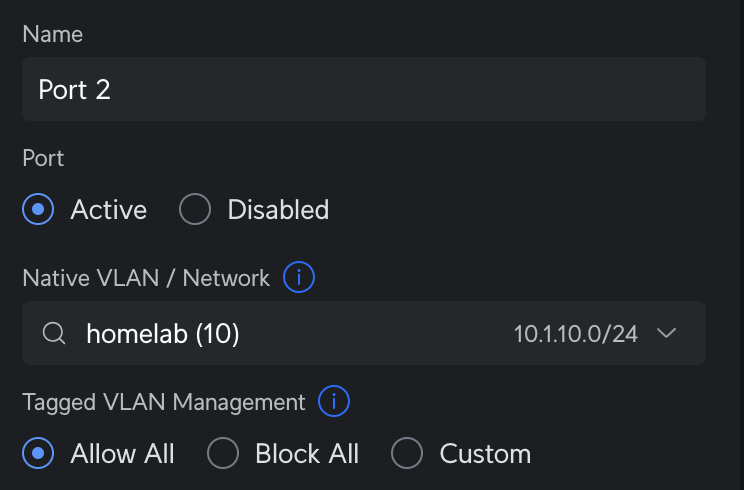UniFi UDR 7 port settings showing Tagged VLAN Management set to Allow All