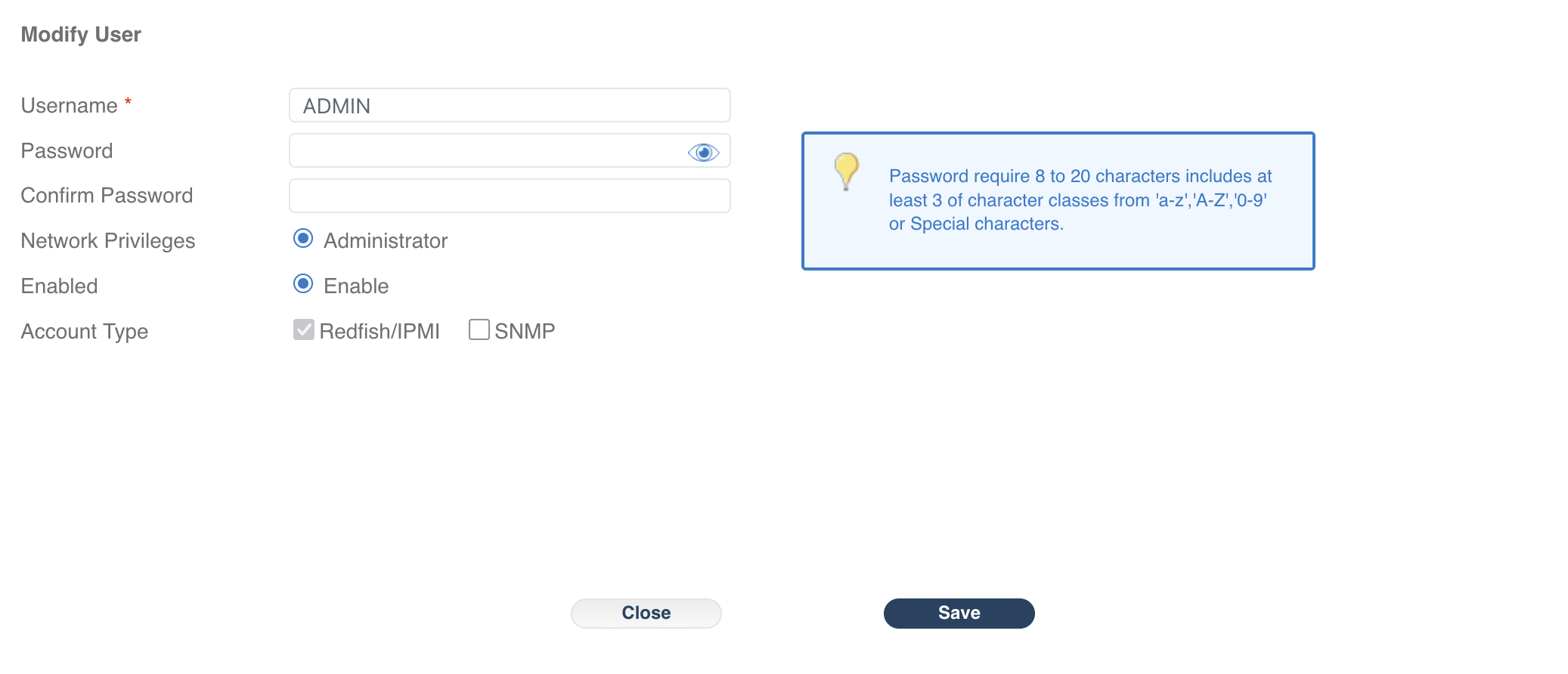 IPMI web UI Modify User dialog for the ADMIN account showing password fields, Network Privileges set to Administrator, account enabled, Account Type Redfish/IPMI checked, and a notice stating passwords require 8 to 20 characters including at least 3 character classes from lowercase, uppercase, digits, or special characters
