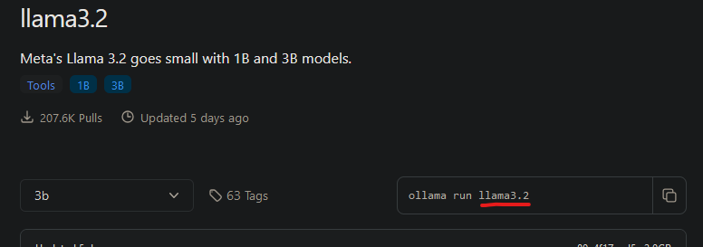 Ollama library page showing the llama3.2 model with 1B and 3B parameter tags, 128K context length, and the command 'ollama run llama3.2' to run the model
