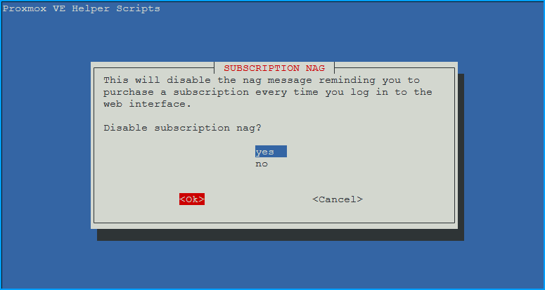 Dialog asking to disable the subscription nag message with yes selected