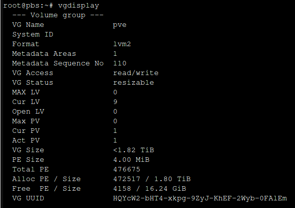 vgdisplay output showing volume group details