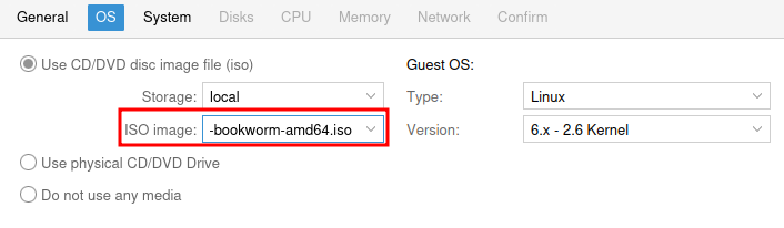Proxmox Create VM OS tab with TurnKey ISO selected