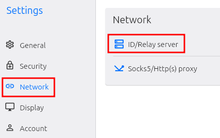 Rustdesk client Settings page with Network selected in the left sidebar (highlighted in red) and ID/Relay server option highlighted in the right panel