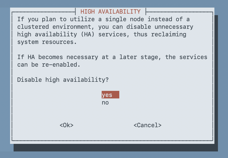 Whiptail dialog asking whether to disable high availability services for a single-node setup, with yes selected