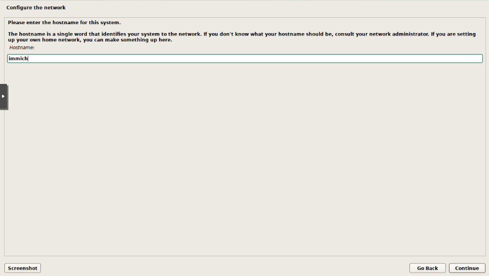 Debian installer hostname configuration with immich entered as the hostname