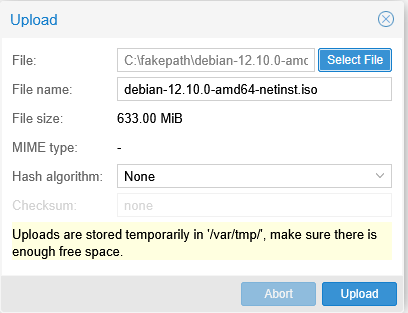Proxmox upload dialog showing debian-12.10.0-amd64-netinst.iso selected with 633 MiB file size
