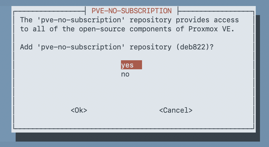 Whiptail dialog asking whether to add the pve-no-subscription repository in deb822 format, with yes selected