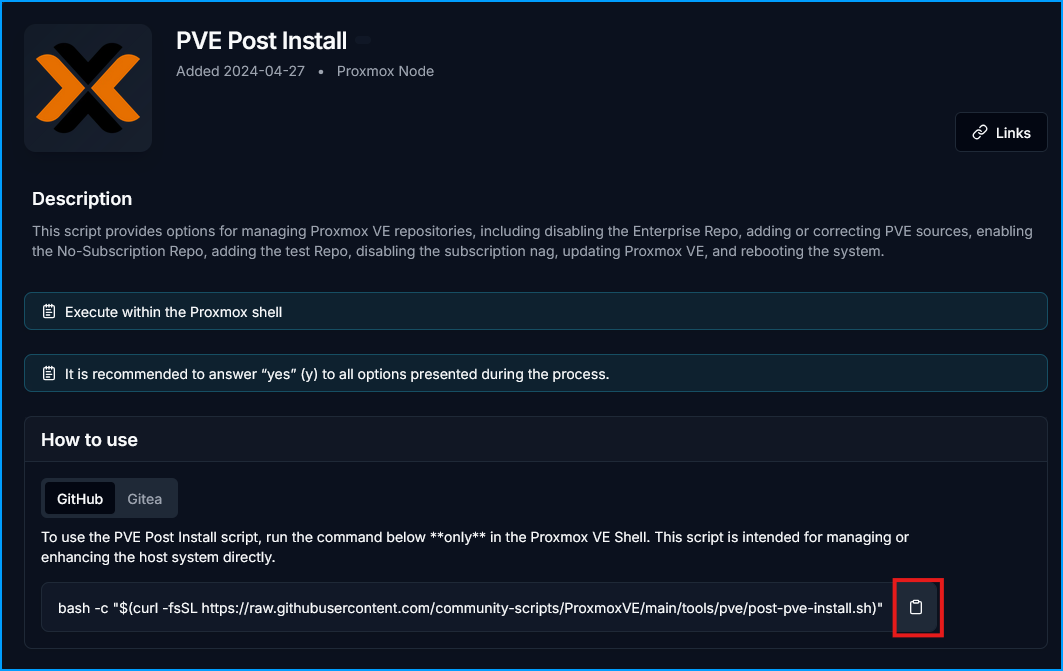 Community Scripts website showing the PVE Post Install script page with copy button highlighted