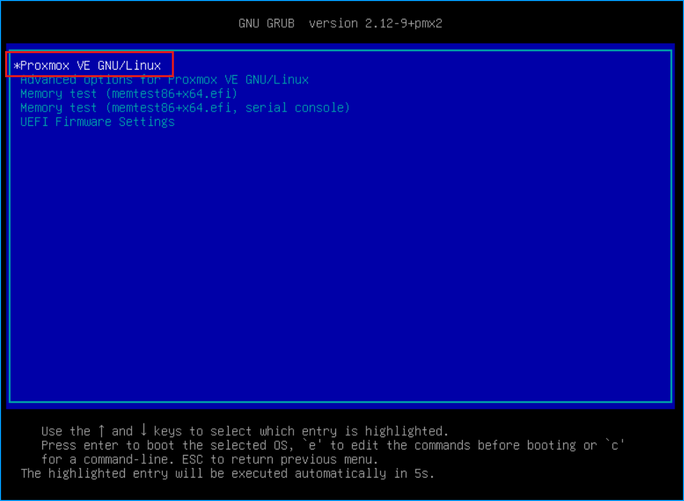 GNU GRUB boot menu with Proxmox VE GNU/Linux highlighted as the first entry