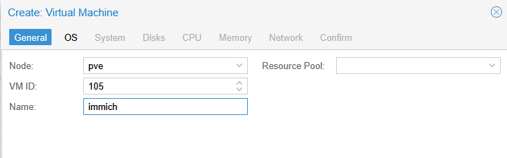 Proxmox Create VM General tab showing Node pve, VM ID 105, and Name set to immich
