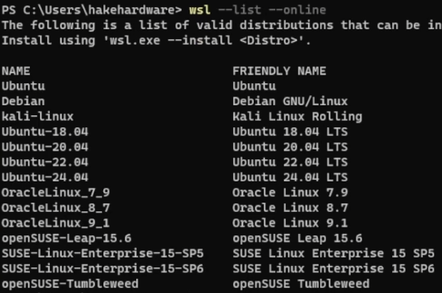 WSL Available Distributions List