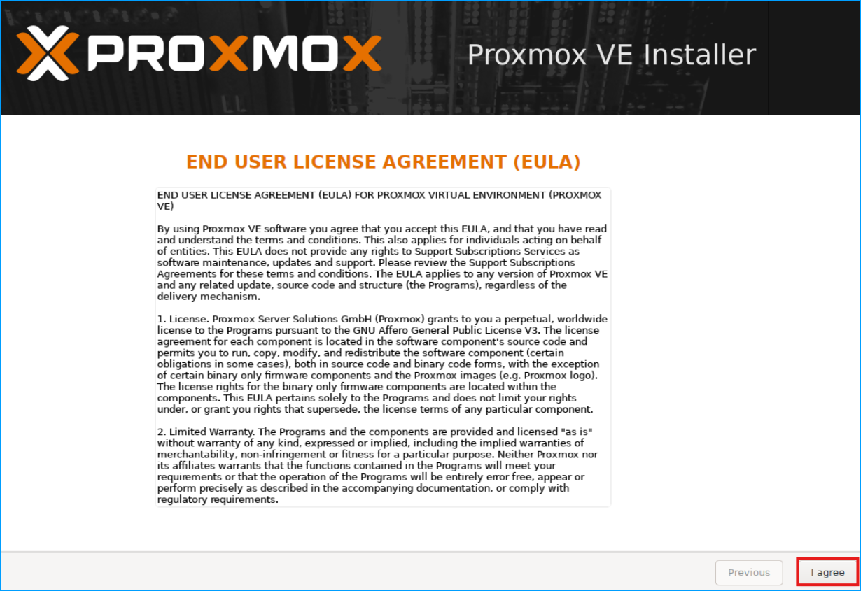 Proxmox VE Installer showing the End User License Agreement (EULA)