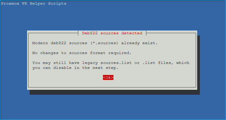 Dialog showing deb822 sources detected, no changes to sources format required
