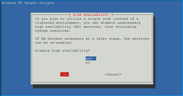 Dialog asking to disable high availability services for single node setups with yes selected