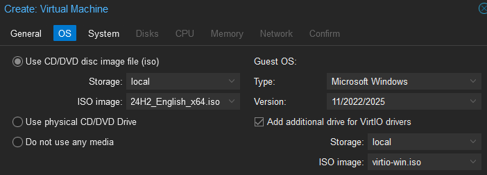 Proxmox Create VM OS Tab