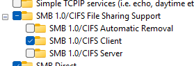 Windows Features dialog showing SMB 1.0/CIFS File Sharing Support expanded with SMB 1.0/CIFS Client checkbox selected, Automatic Removal and Server unchecked