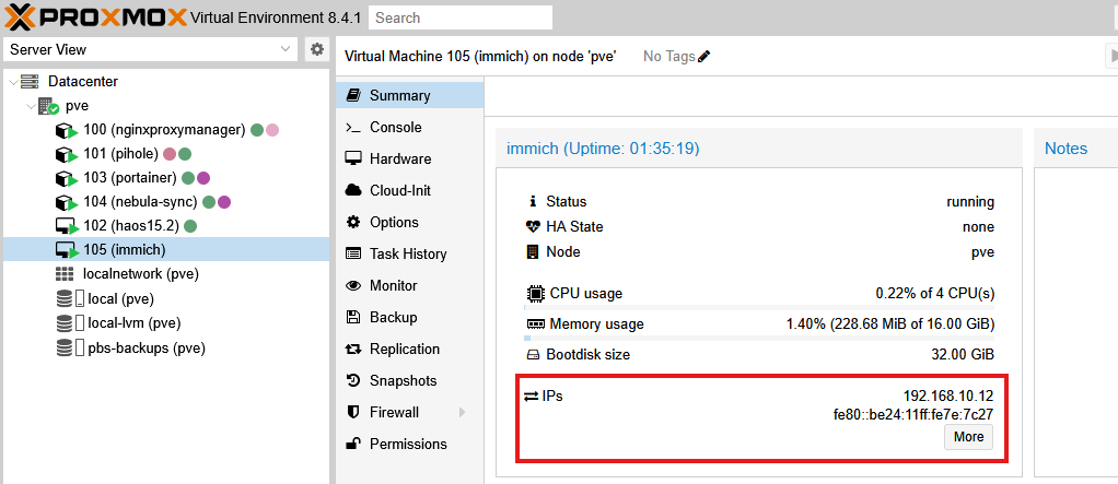 Proxmox VM summary showing immich VM running with IP address 192.168.10.12 displayed from QEMU guest agent