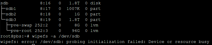 wipefs error showing Device or resource busy