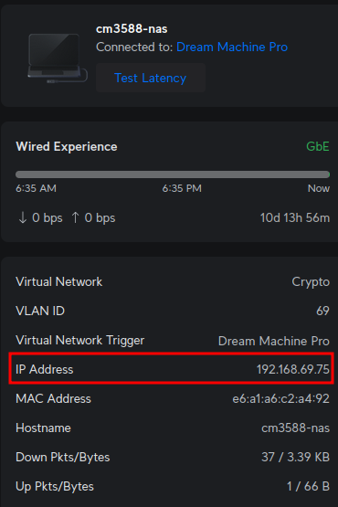 UniFi router client details showing cm3588-nas device with IP address 192.168.69.75 on VLAN 69