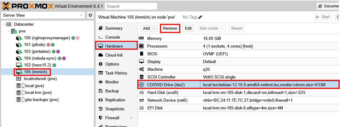 Proxmox Hardware tab for VM 105 showing CD/DVD Drive with installation ISO highlighted and Remove button visible