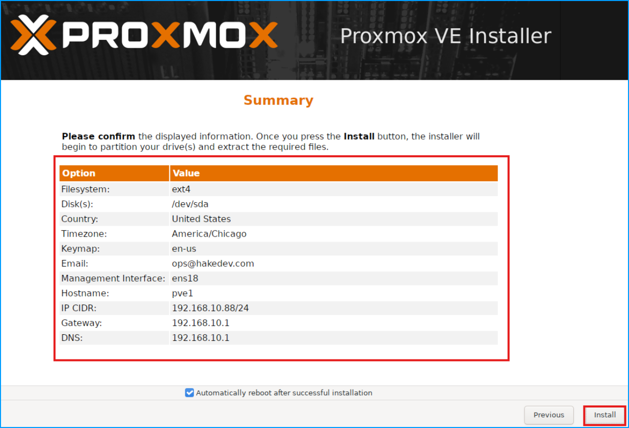 Proxmox VE Installer summary screen showing all configuration options with the Install button highlighted
