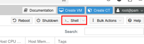 Proxmox web interface toolbar showing the Shell button highlighted with a red box