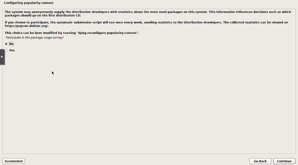 Debian installer popularity-contest configuration with No selected