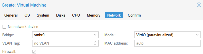 Proxmox Create VM Network tab showing vmbr0 bridge with VirtIO paravirtualized model and no VLAN tag