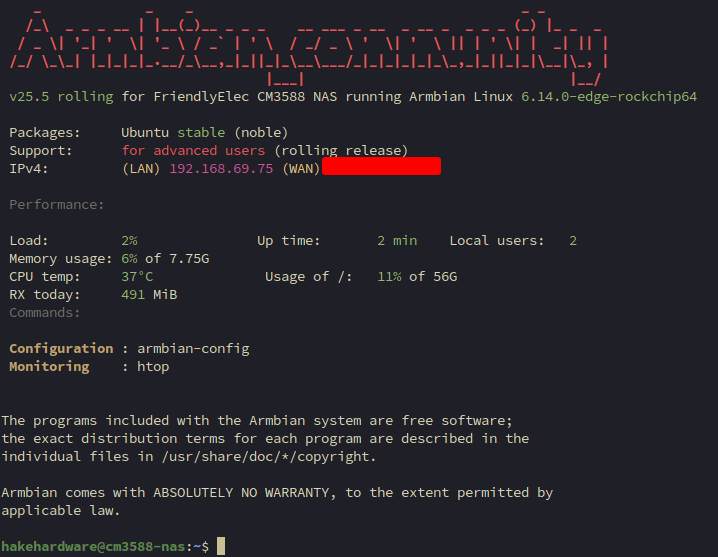 Terminal showing Armbian community welcome banner after eMMC boot with system info including Ubuntu stable noble, 6.14.0-edge kernel, CPU temp 37C, and hakehardware user prompt