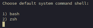 Terminal showing Armbian prompt to choose default system command shell with options bash and zsh