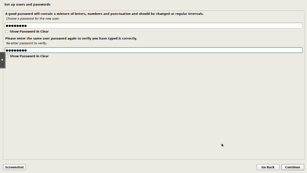 Debian installer user password setup screen with password entered and masked