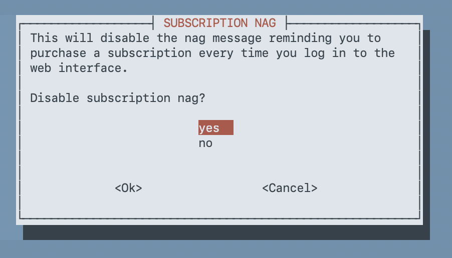 Whiptail dialog asking whether to disable the subscription nag message in the web interface, with yes selected