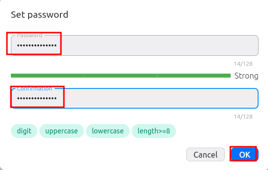 Rustdesk Set password dialog with Password and Confirmation fields filled in, showing a Strong password strength indicator in green, with OK button highlighted