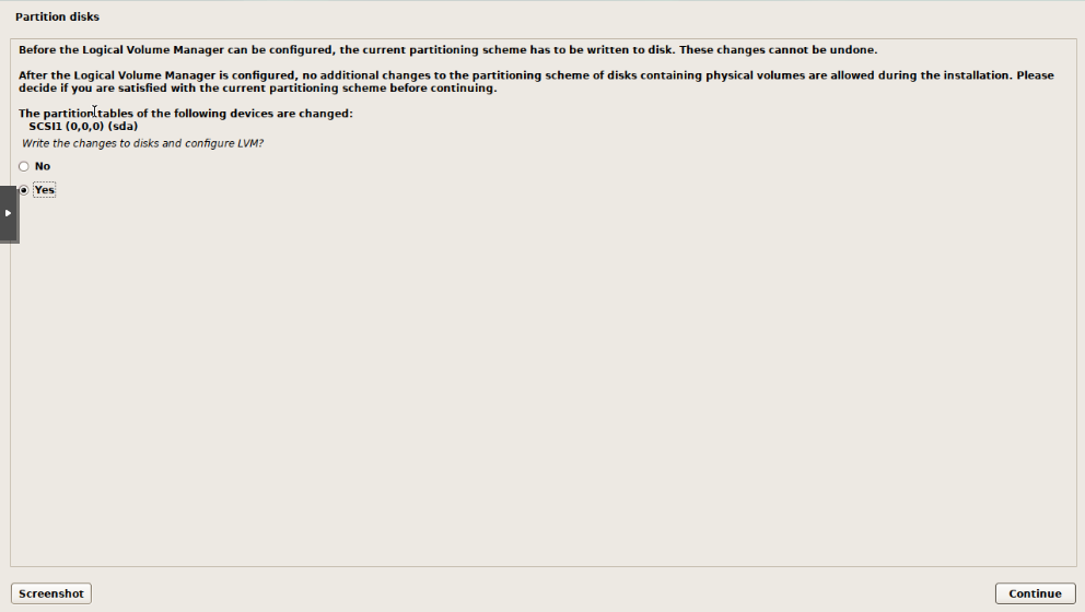 Debian installer LVM write confirmation showing SCSI disk with Yes selected to write changes and configure LVM