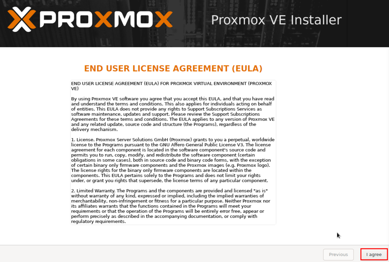 Proxmox VE Installer showing the End User License Agreement (EULA) with the I agree button highlighted