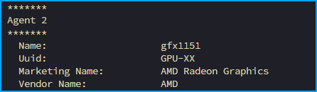 Terminal output of rocminfo showing Agent 2 with gfx1151 GPU, Marketing Name AMD Radeon Graphics, Vendor AMD