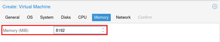 Proxmox Create VM Memory tab with 8192 MiB