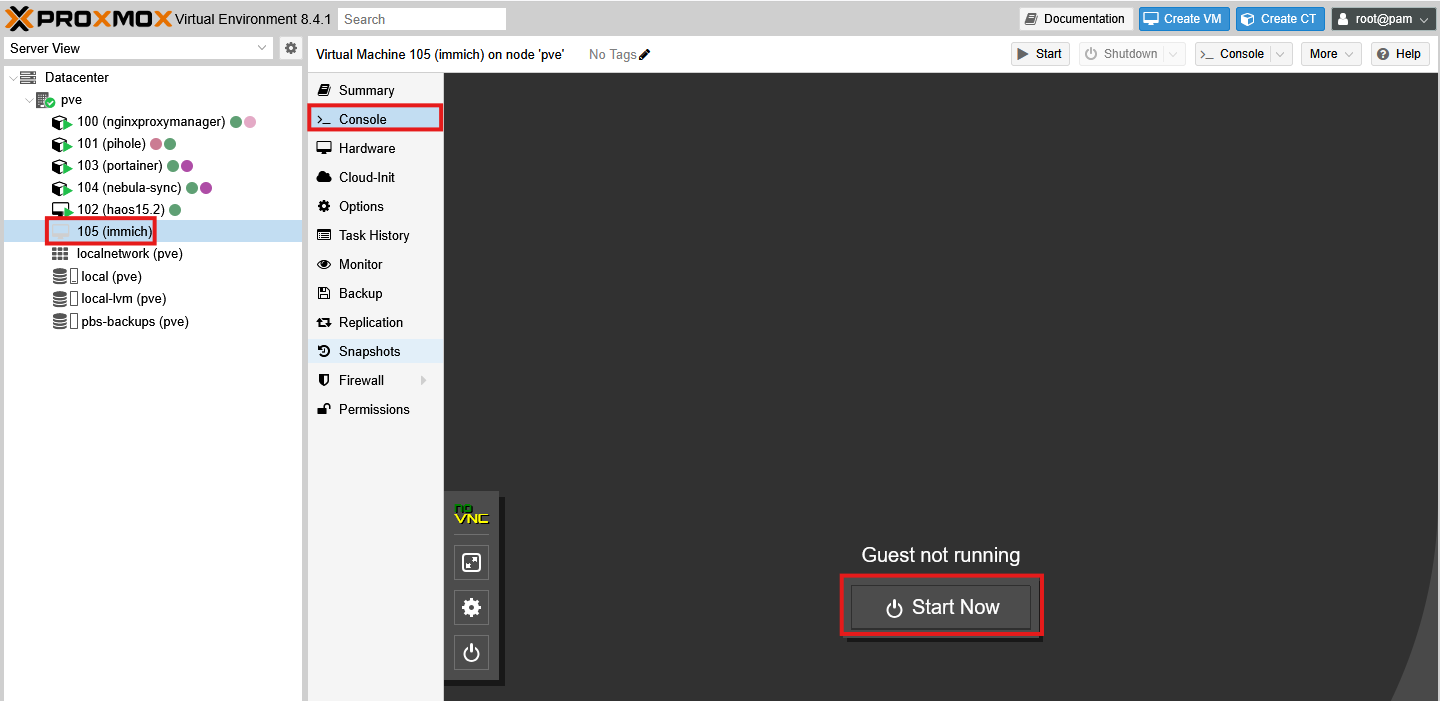 Proxmox console view for VM 105 immich showing Guest not running with Start Now button highlighted