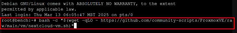 Proxmox shell terminal showing the helper script install command pasted and ready to execute