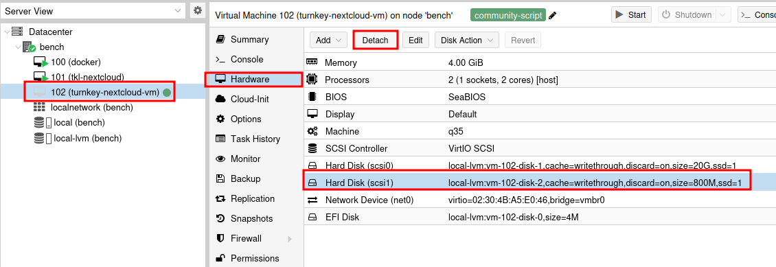 Proxmox Hardware tab with SCSI1 installation media disk and Detach button highlighted