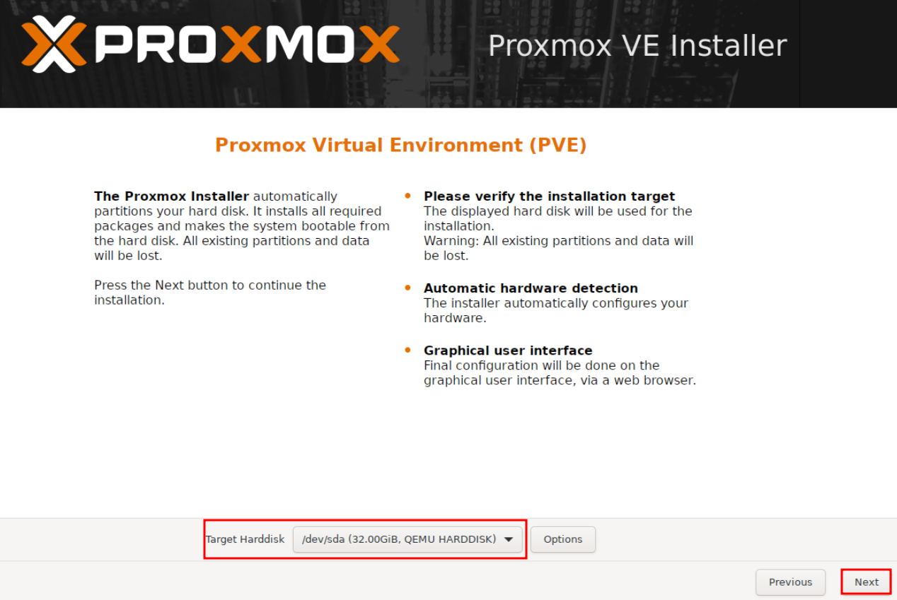 Proxmox VE Installer showing the target hard disk selection with /dev/sda (32.00GiB, QEMU HARDDISK) selected and the Next button highlighted