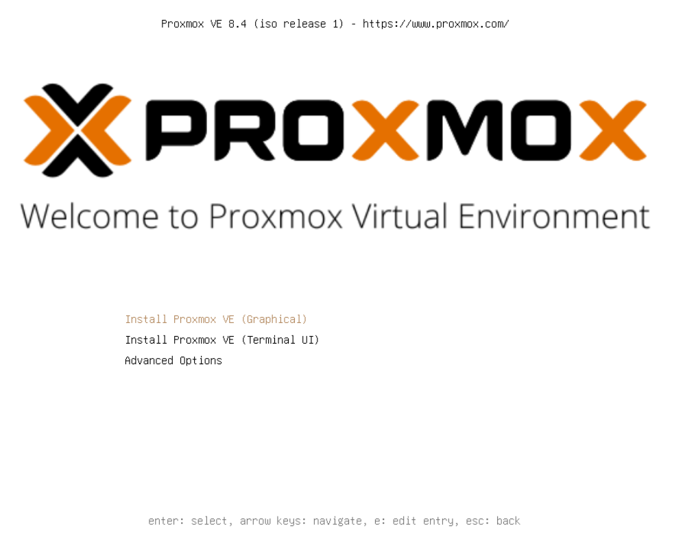 Proxmox VE 8.4 welcome screen showing Install Proxmox VE (Graphical), Install Proxmox VE (Terminal UI), and Advanced Options with the Proxmox logo