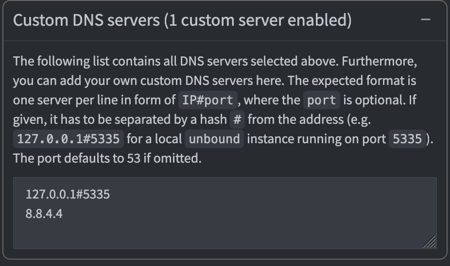 Pi-hole upstream DNS showing 127.0.0.1#5335 and 8.8.4.4