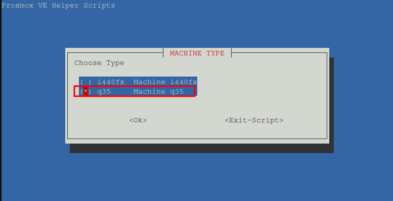 Helper Scripts TUI showing VM ID and Machine Type selection with q35 and i440fx options