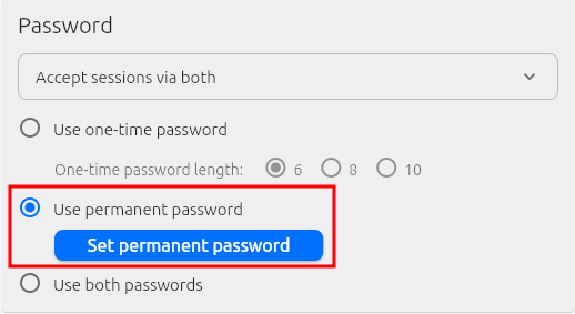 Rustdesk Password settings showing Accept sessions via both dropdown, with Use permanent password radio button selected and Set permanent password button highlighted in blue