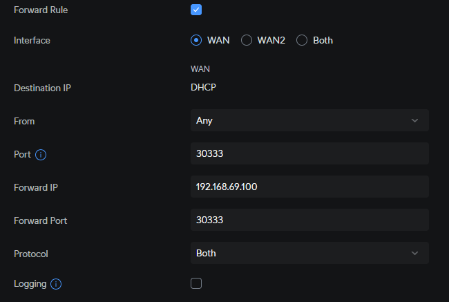 Ubiquiti Dream Machine port forwarding configuration screen showing Forward Rule enabled, Interface set to WAN, Port 30333, Forward IP 192.168.69.100, Forward Port 30333, Protocol set to Both