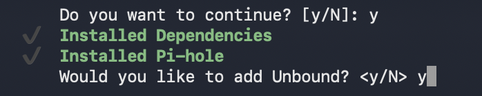 Terminal showing Pi-hole installed and Unbound prompt