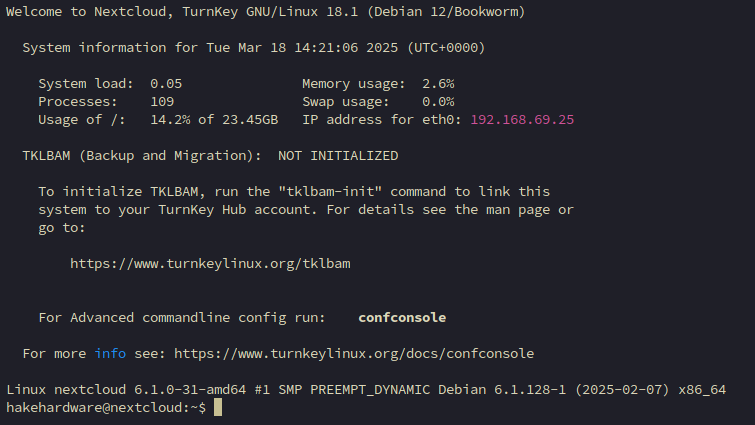 SSH login to Nextcloud TurnKey Linux
