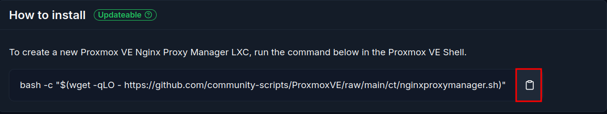 ProxmoxVE Helper Scripts website showing the NGINX Proxy Manager LXC install command with a copy button to copy the bash command to clipboard