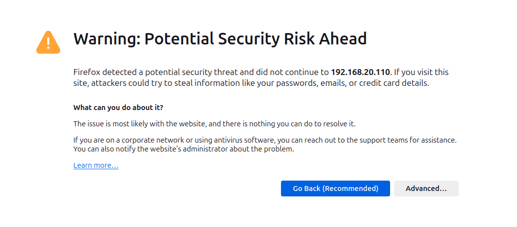Firefox browser showing 'Warning: Potential Security Risk Ahead' for IP address 192.168.20.110 with Go Back and Advanced buttons
